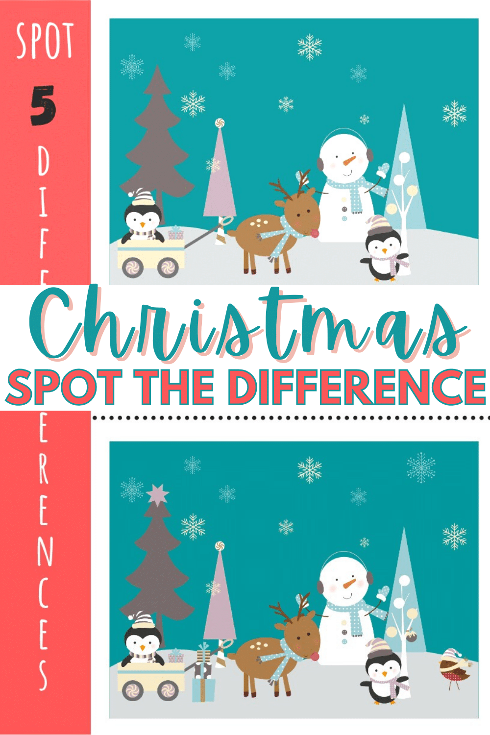 The kids will have a blast with this Christmas Spot the Difference game! Will they be able to find all the differences in the pictures? #christmas #spotthedifference #game #forkids #freeprintable via @wondermomwannab