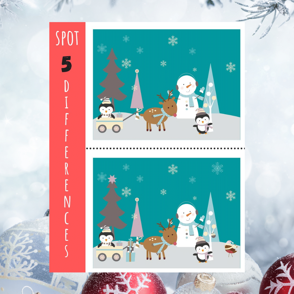 printable Christmas Spot the Difference game with snow and ornaments in the background