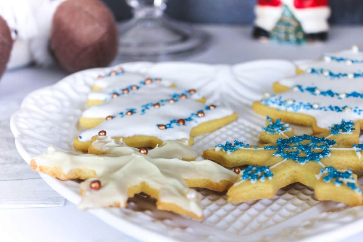 Horizontal image of Christmas Sugar Cookies. on a white platter