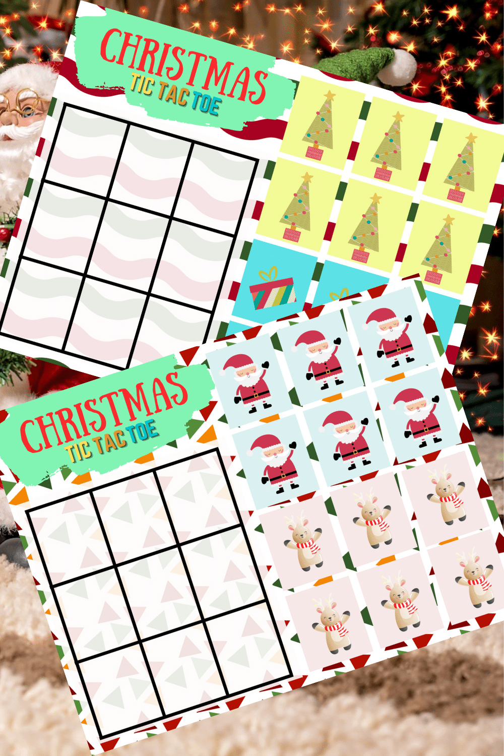 2 printable Christmas Tic Tac Toe games  with Christmas decor in the background