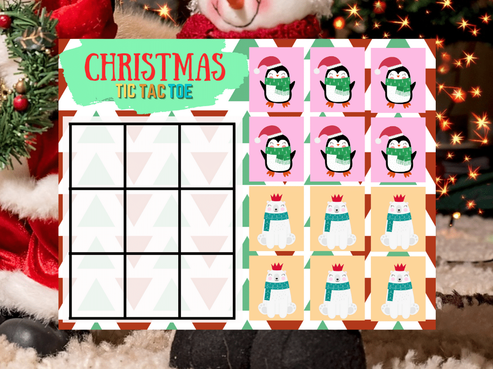 printable Christmas Tic Tac Toe game with Christmas decor in the background