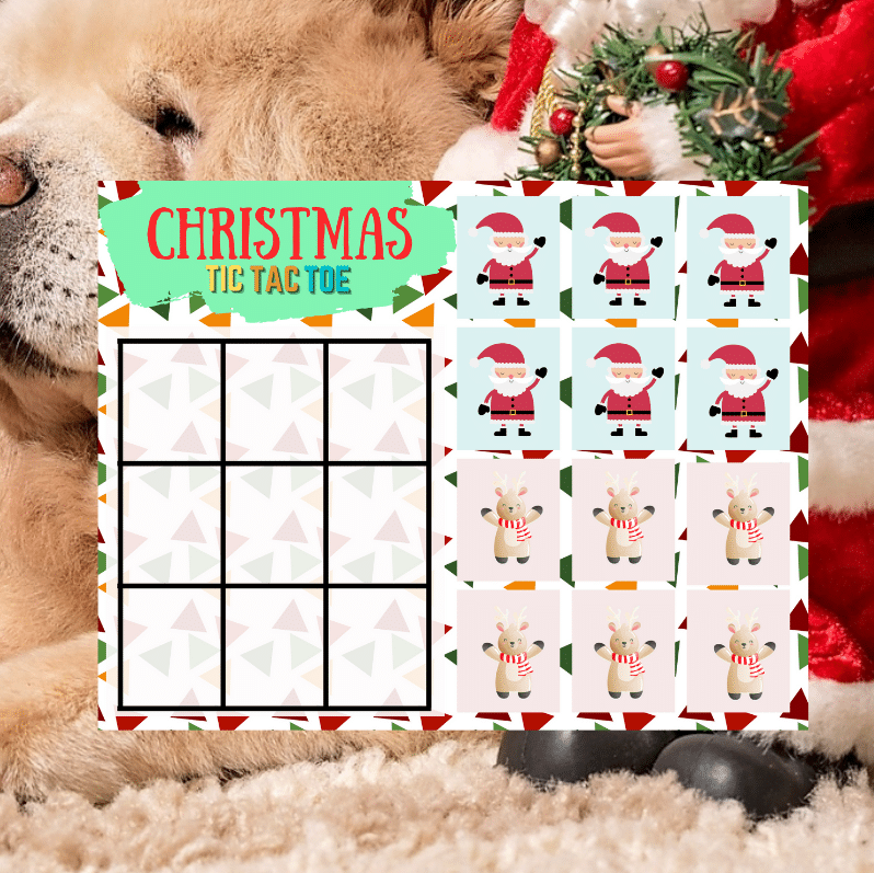 printable Christmas Tic Tac Toe game with Christmas decor in the background