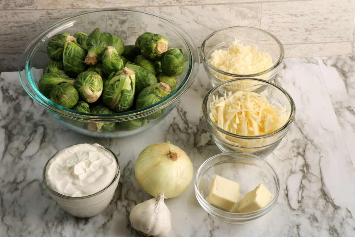 Ingredients used to make Instant Pot Creamed Brussel Sprouts.