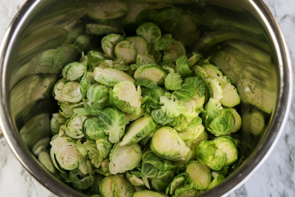 Halved brussels in an Instant Pot.