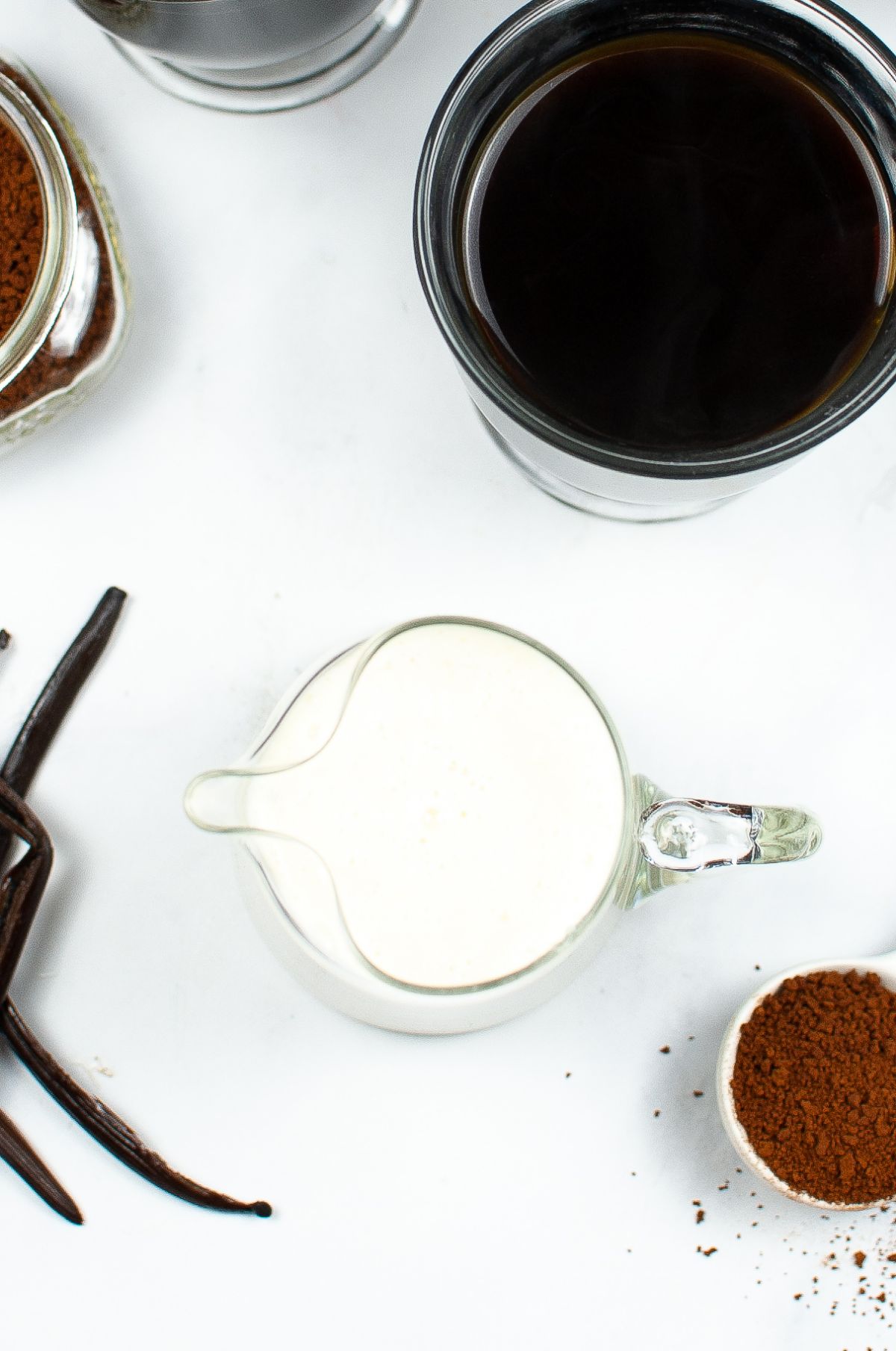 Overhead shot of Instant Pot Vanilla Coffee Creamer in a pitcher.