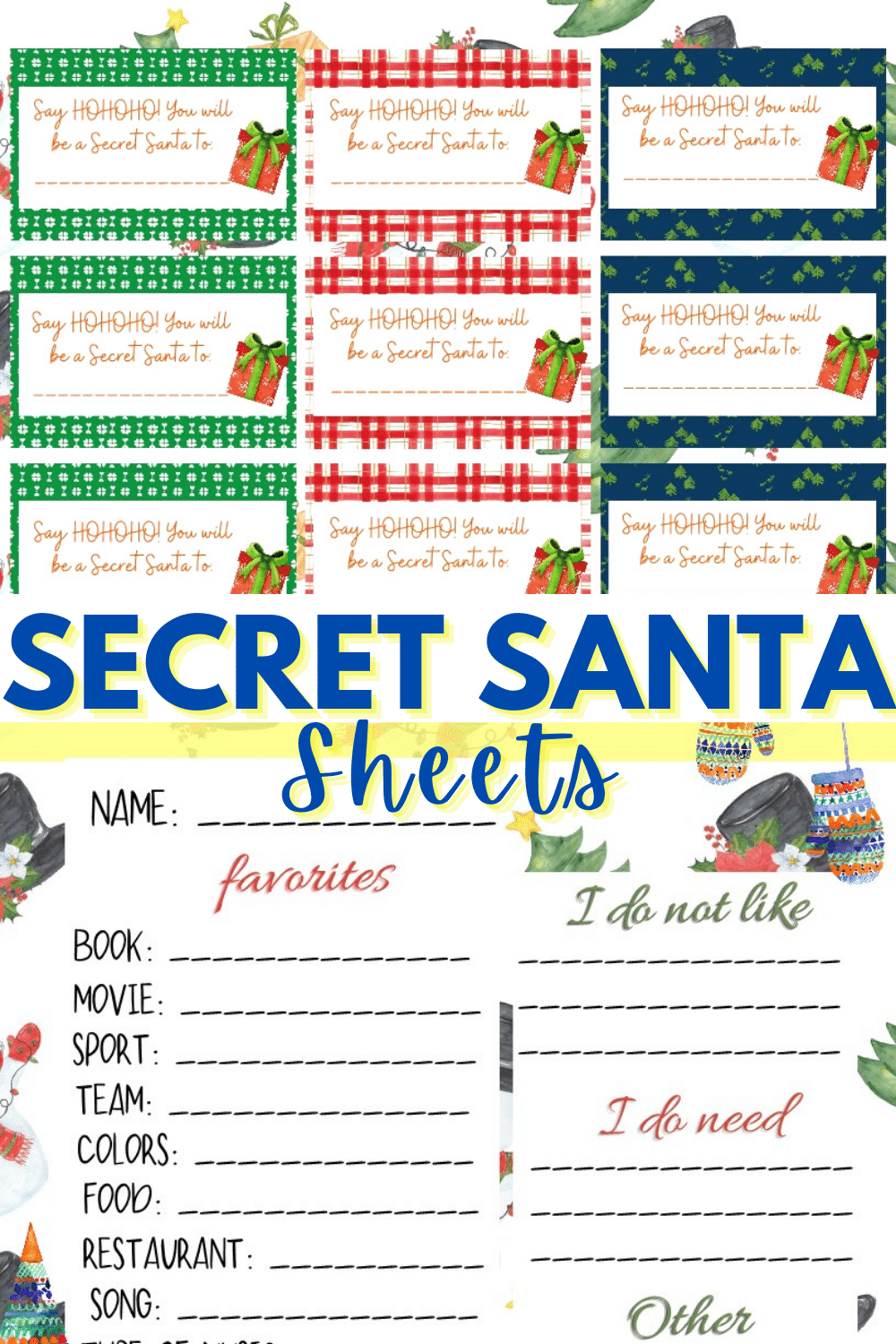 Use these Secret Santa Sheets as a fun way to create an epic gift exchange. This free download is a great way to draw names and participate. #secretsanta #giftexchange #freedownload #freeprintable #christmas via @wondermomwannab