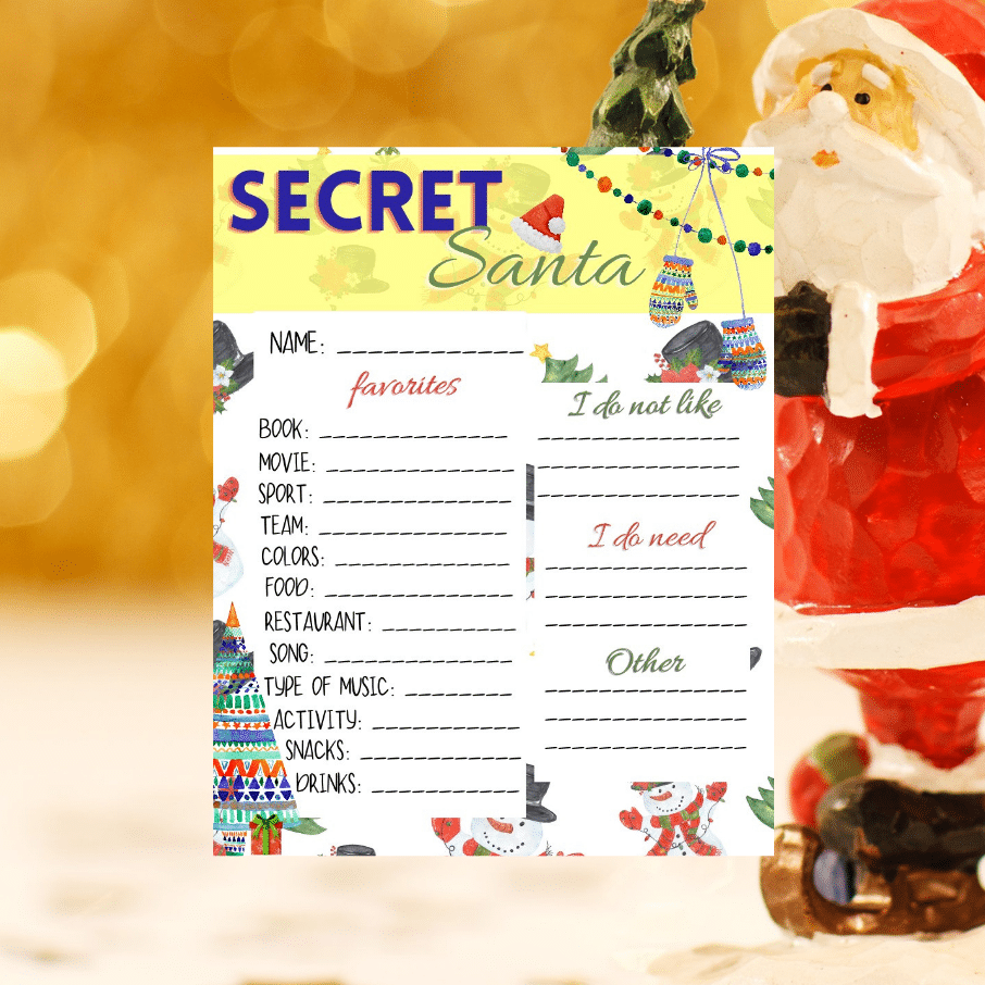 printable Secret Santa Sheet with an image of Santa in the background