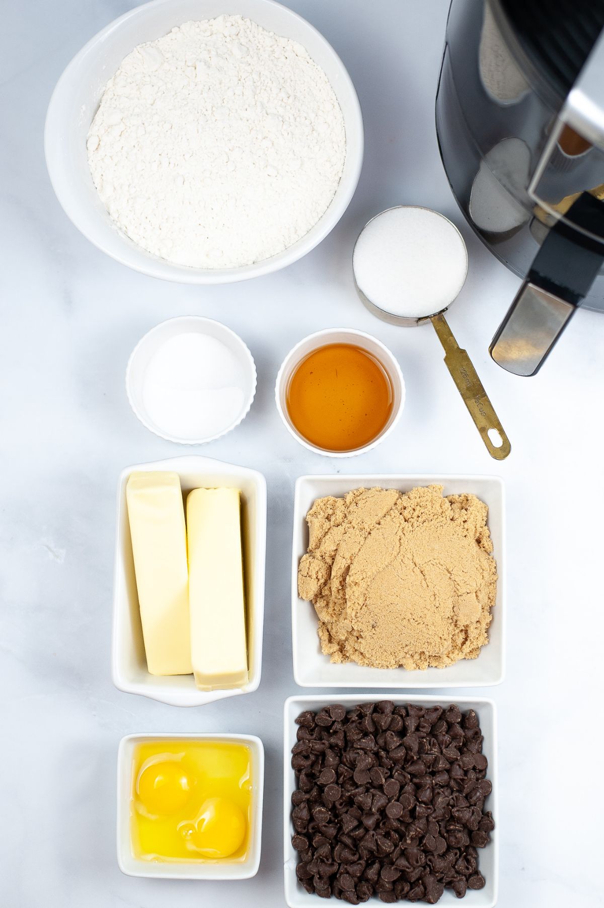 Ingredients used to make Air Fryer Chocolate Chip Cookies.