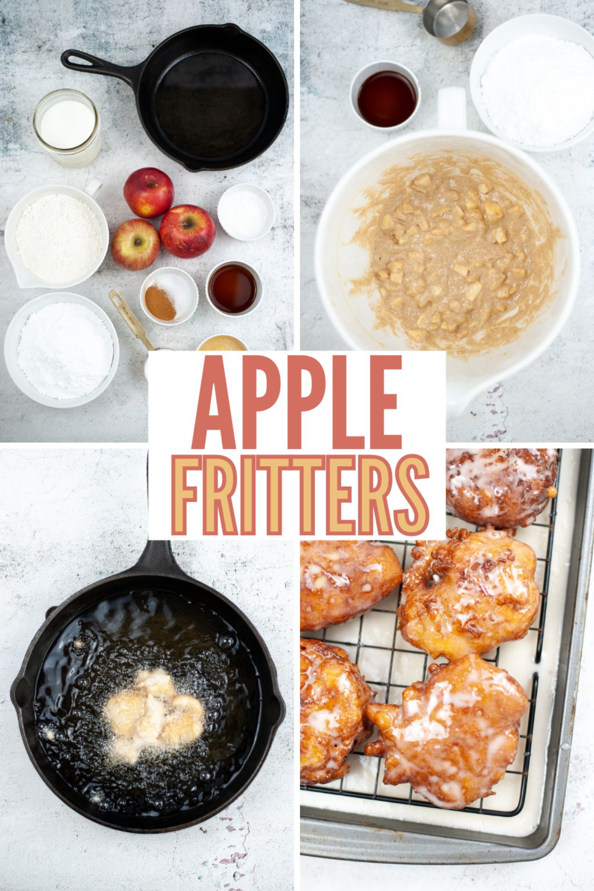 A collage of 4 images showing the process to make Apple Fritters.