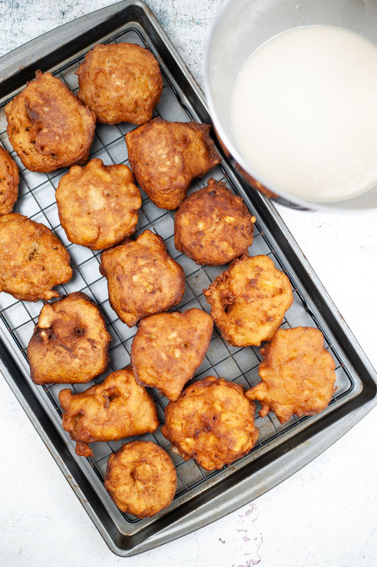 Fritters on a cooling rack.