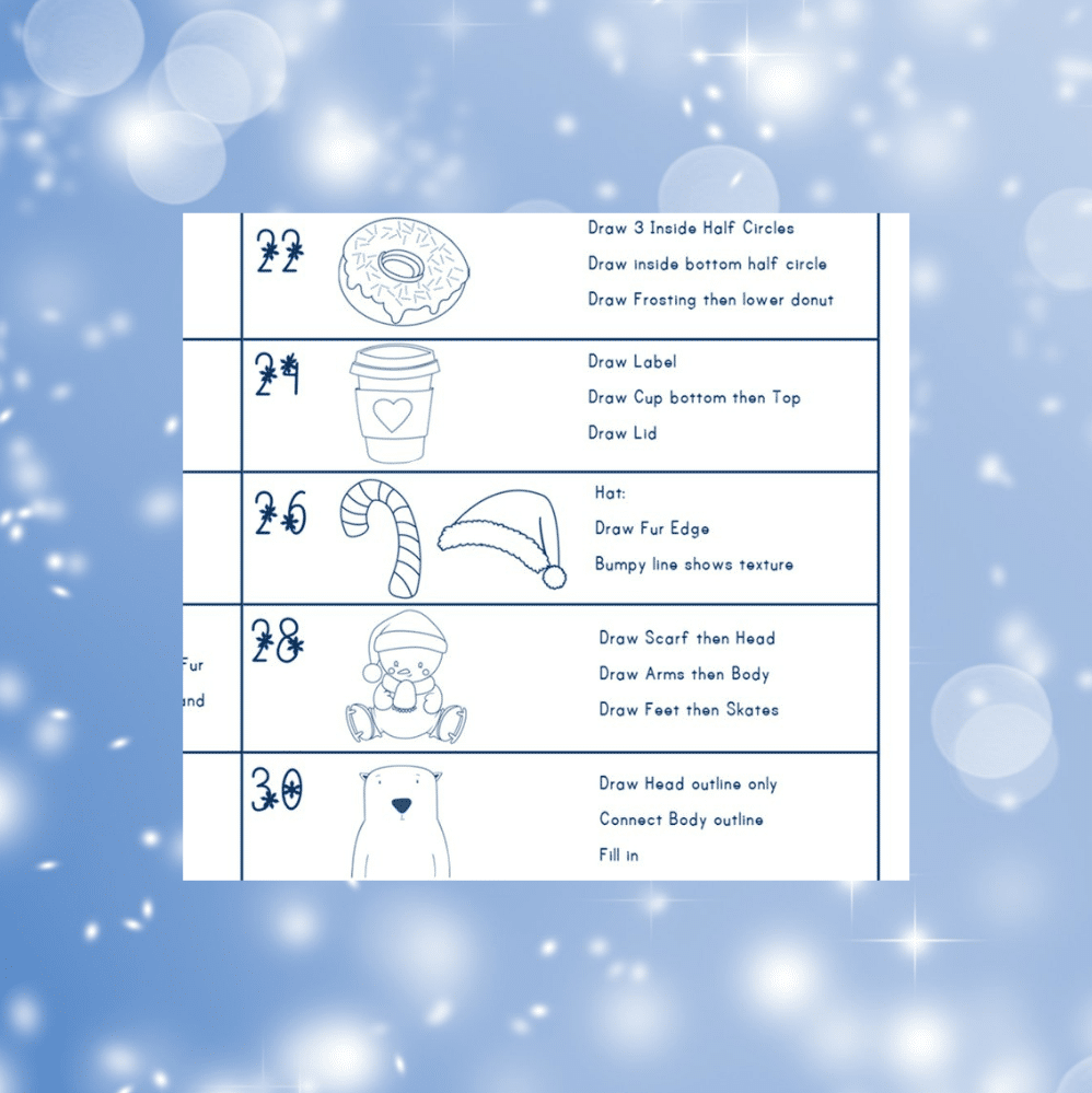 Winter Season Drawing for Kids activity page on a snowy blue background