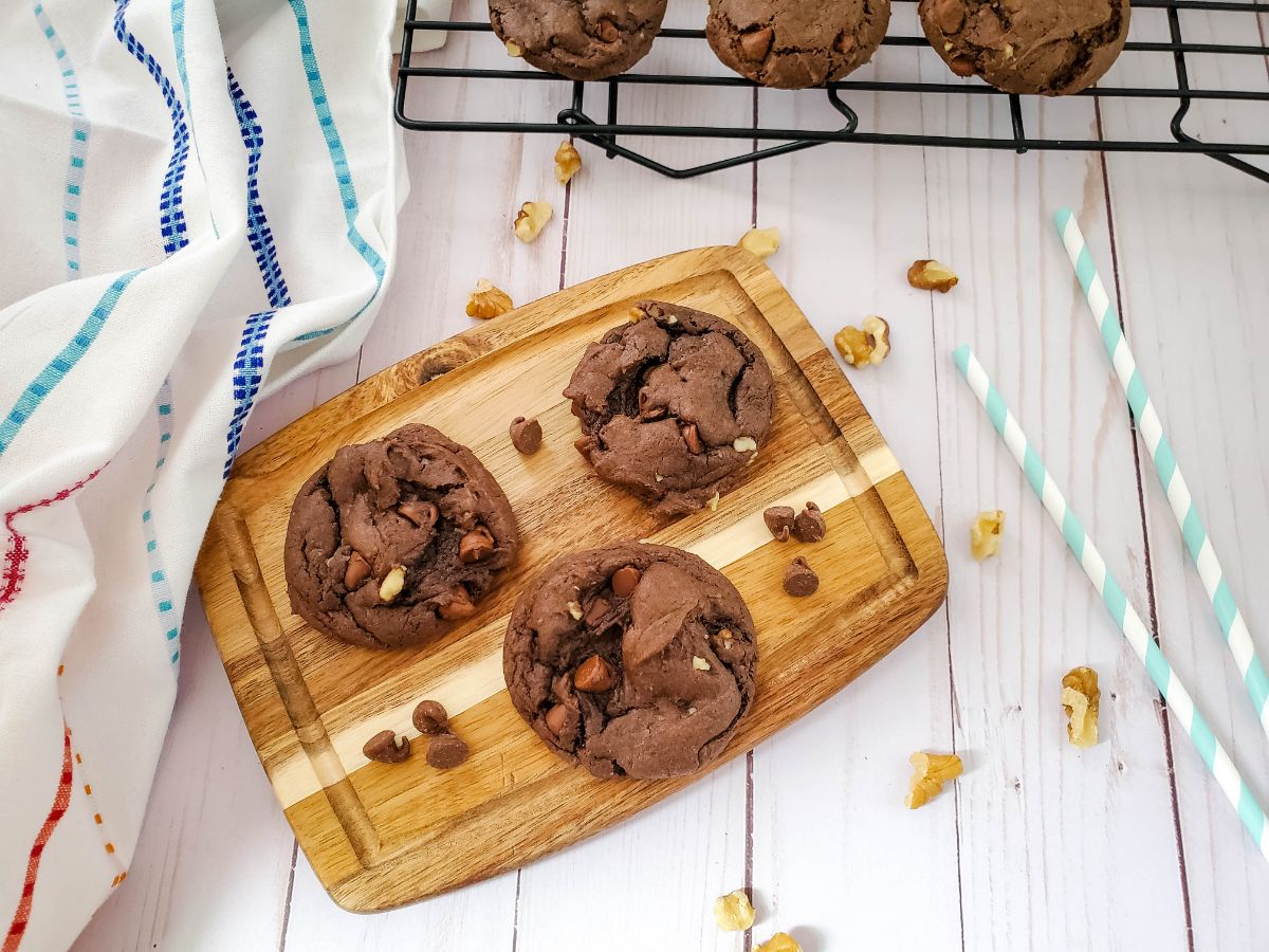 Horizontal image of 3 Double Chocolate Walnut Cake Mix Cookies.