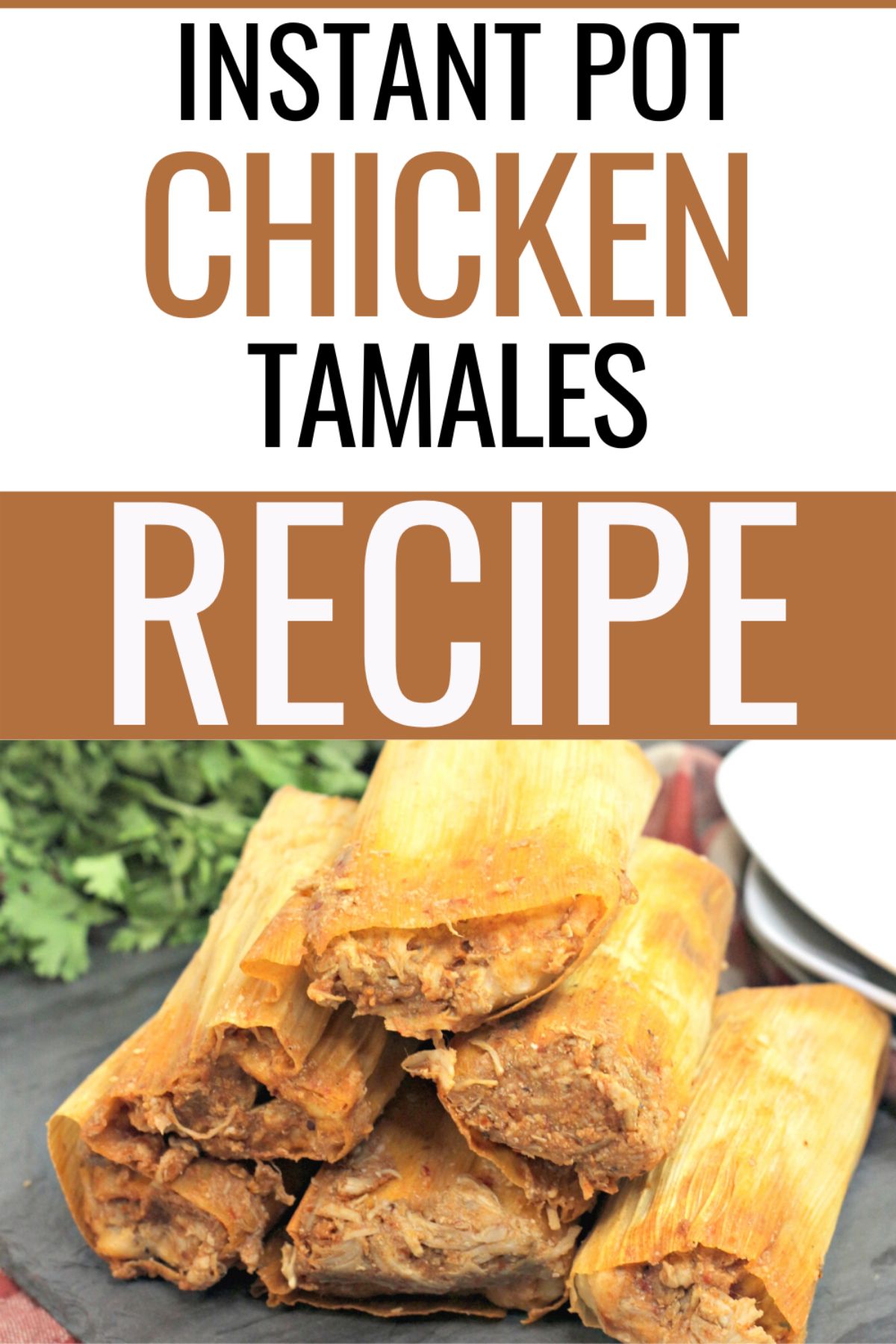 6 Instant Pot Tamales stacked like a pyramid at the bottom of the image and a text at the upper part of the image reading "Instant Pot Chicken Tamales Recipe"