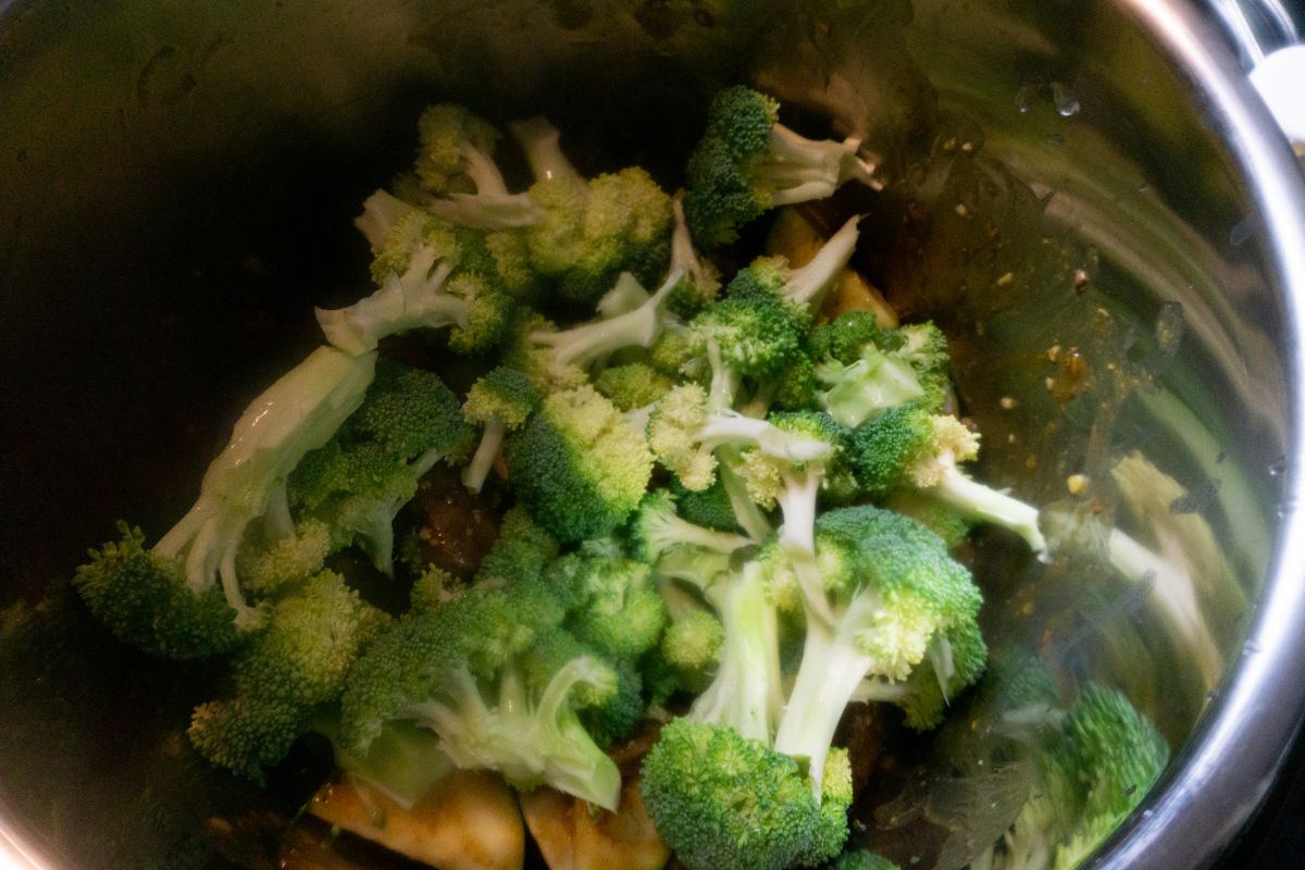 Broccoli on top of the cooked beef.