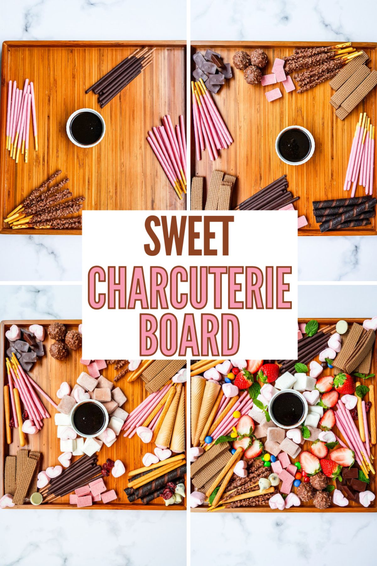 A collage of 4 images showing the steps to complete a Sweet Charcuterie Board.