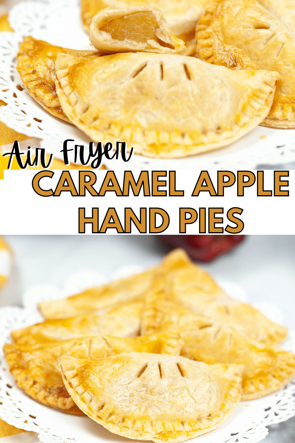 These Air Fryer Caramel Apple Hand Pies are packed with flavor and so delicious! They only take a few minutes to cook in the air fryer. #airfryer #caramelapple #applehandpie #dessert #recipe via @wondermomwannab