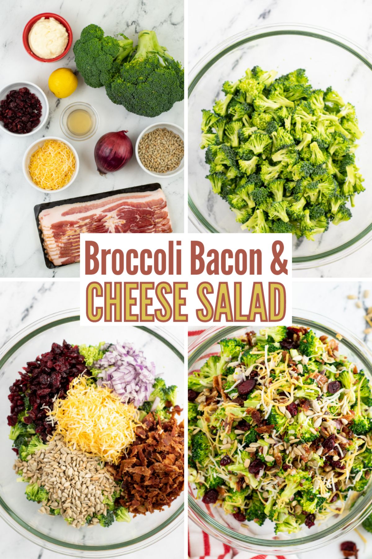 This Broccoli Bacon and Cheese Salad is anything but routine. With savory bacon and a tangy dressing, it’s perfect for any picnic or potluck. #broccolibaconandcheesesalad #salad #broccolisalad #saladrecipes via @wondermomwannab