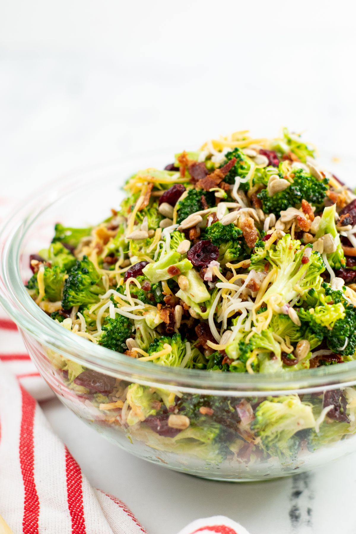 Broccoli Bacon and Cheese Salad in a glass bowl.