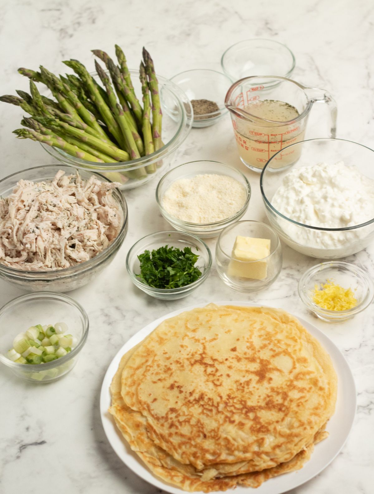 Ingredients used to make Chicken Asparagus Crepes.