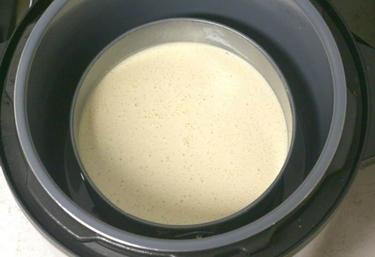 cake mix batter in a round pan inside the Instant Pot