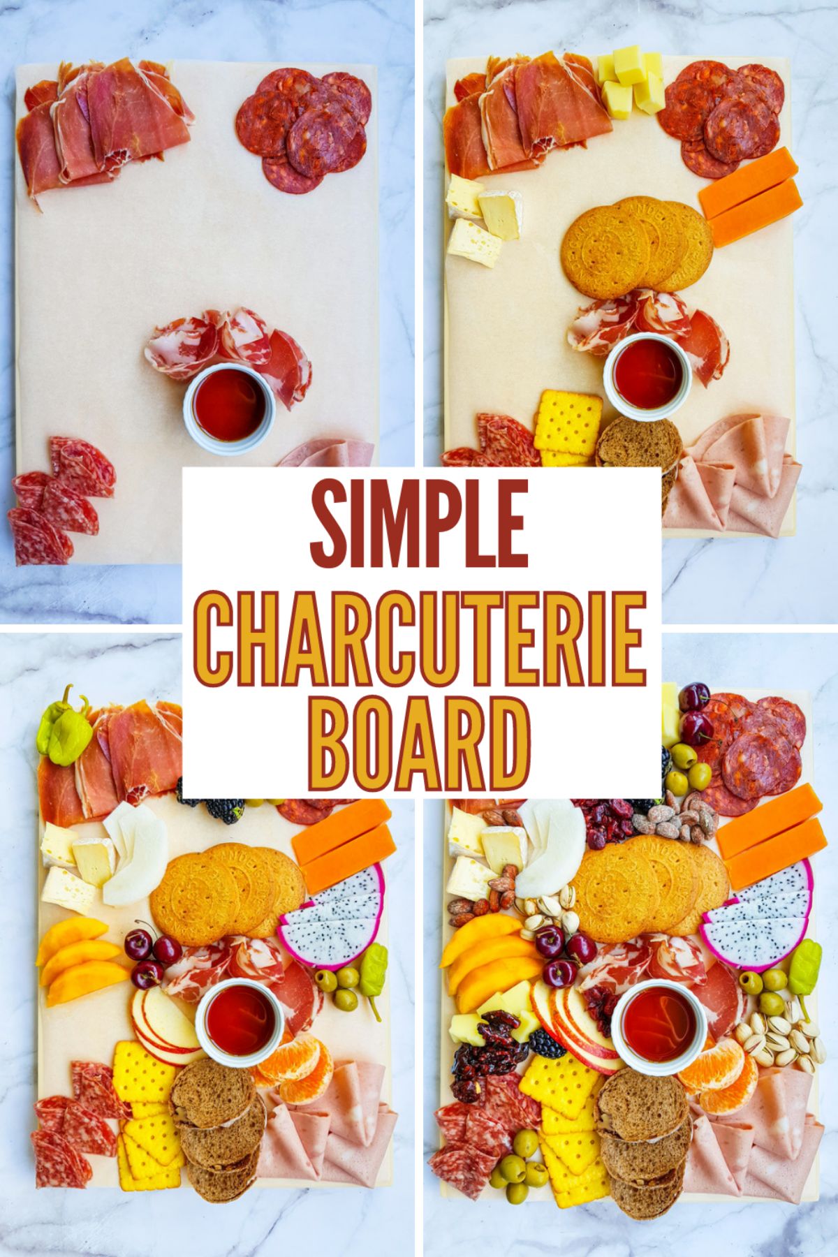 A collage of 4 images showing the process of making a Simple Charcuterie Board.