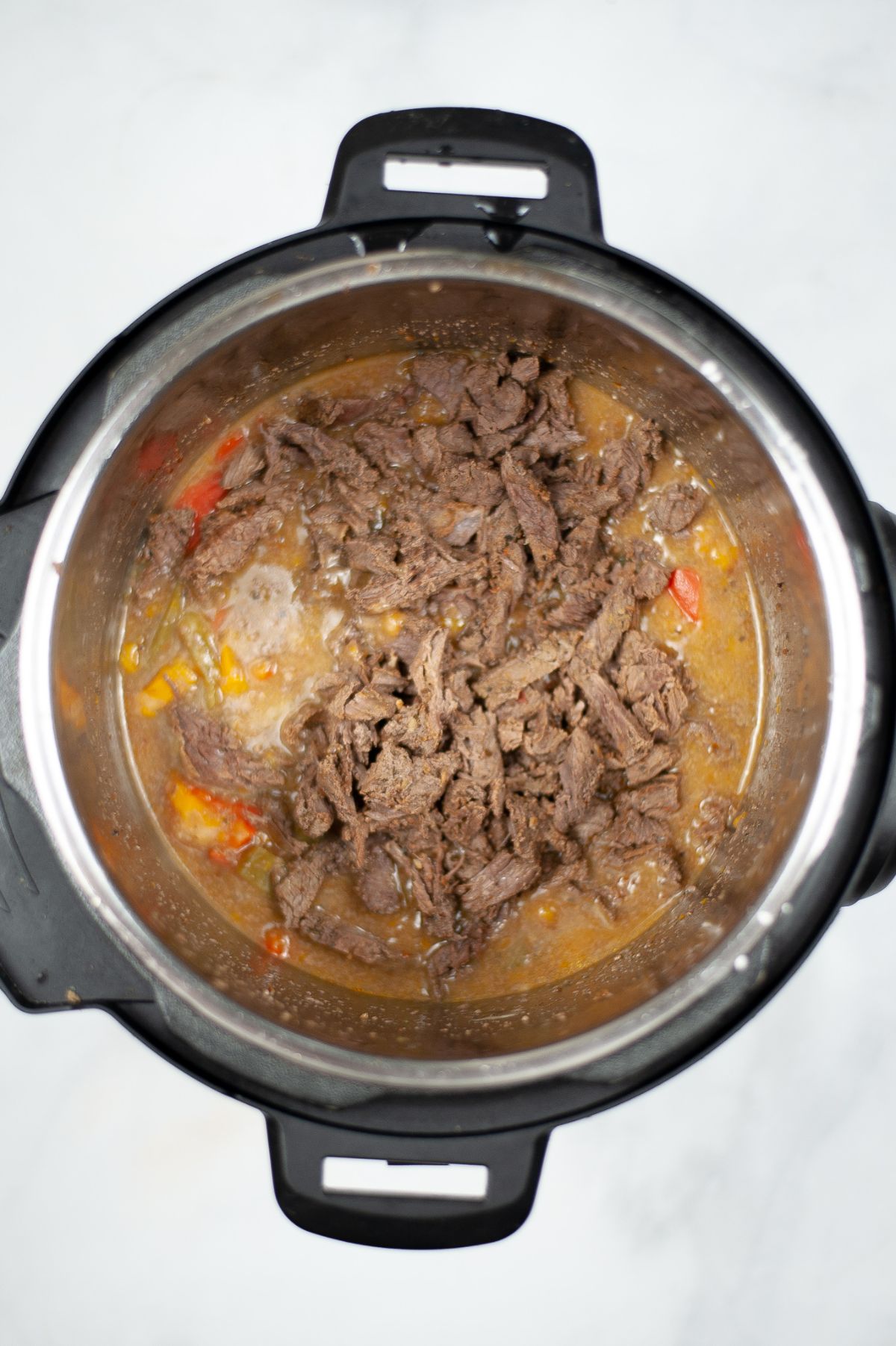Cooked beef and peppers in Instant Pot 