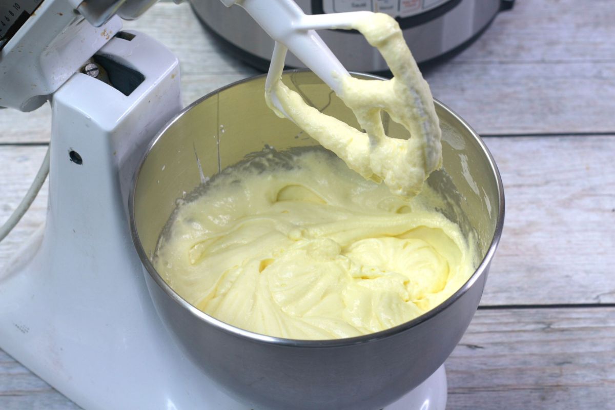 batter for instant pot pound cake in a mixing bowl
