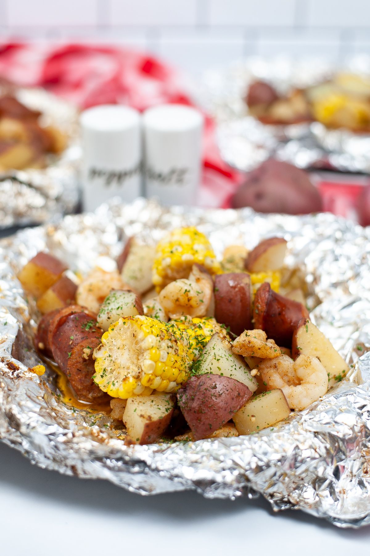 closeup of Low Country Boil Foil Packets
