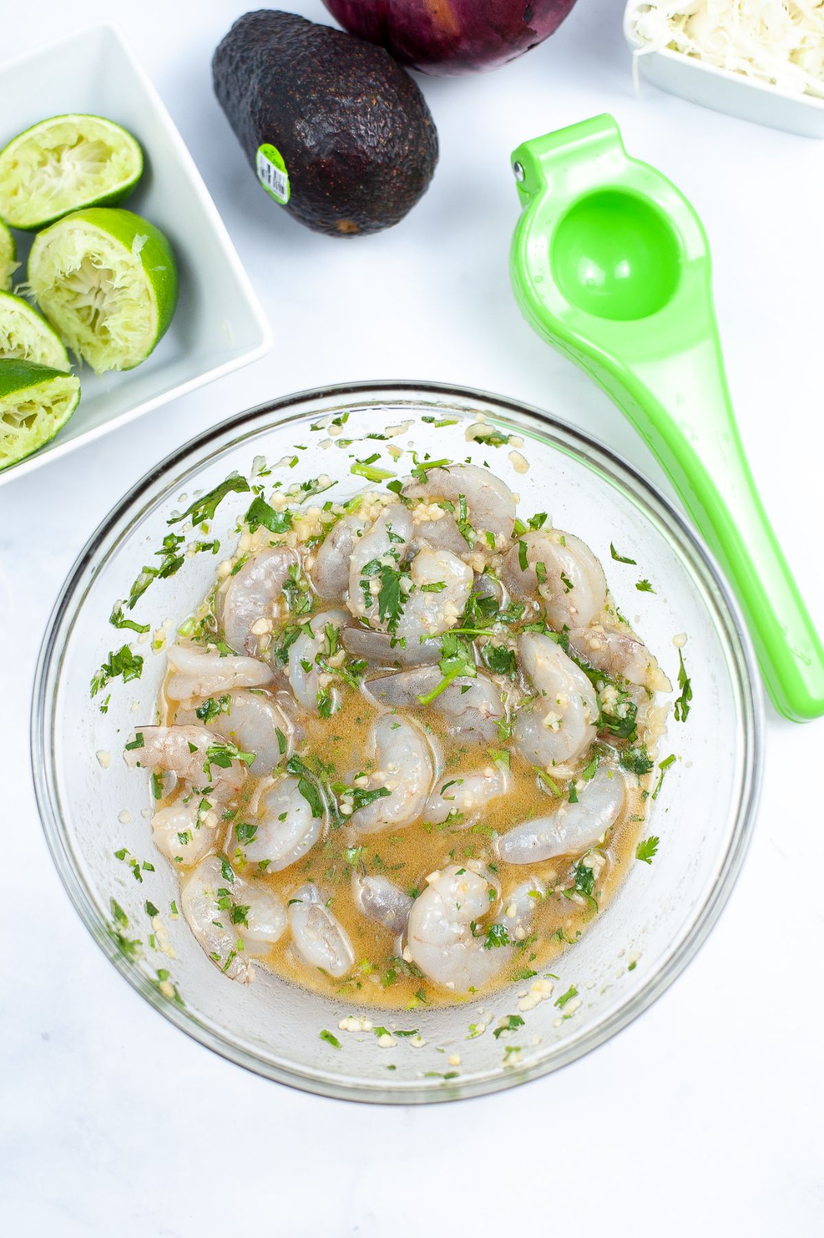 marinated shrimp in a glass bowl