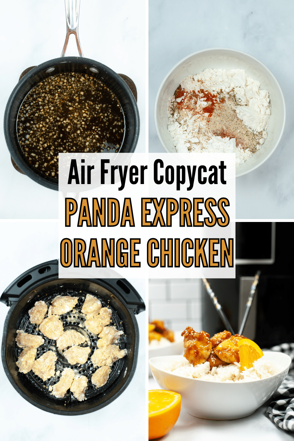 Skip the takeout and make this air fryer copycat Panda Express orange chicken at home instead. It's crispy chicken coated in a tangy sauce. #airfryer #pandaexrpress #orangechicken #copycatrecipe via @wondermomwannab
