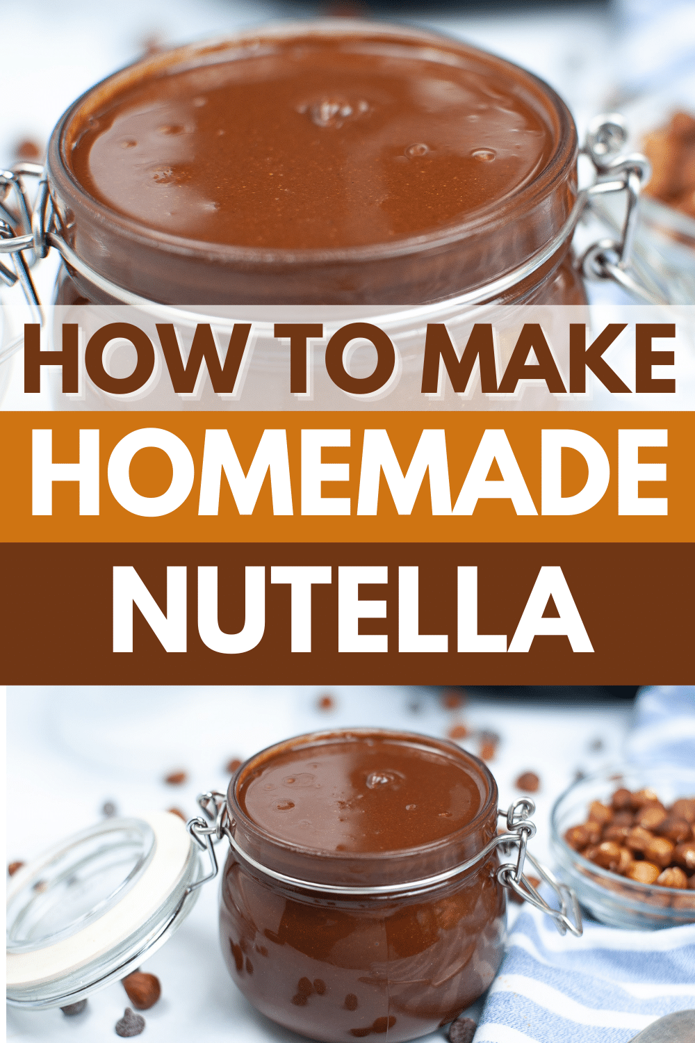 a collage of a closeup on homemade nutella in a jar and Homemade Nutella in a jar with an air fryer blurred in the background with title text reading How To Make Homemade Nutella