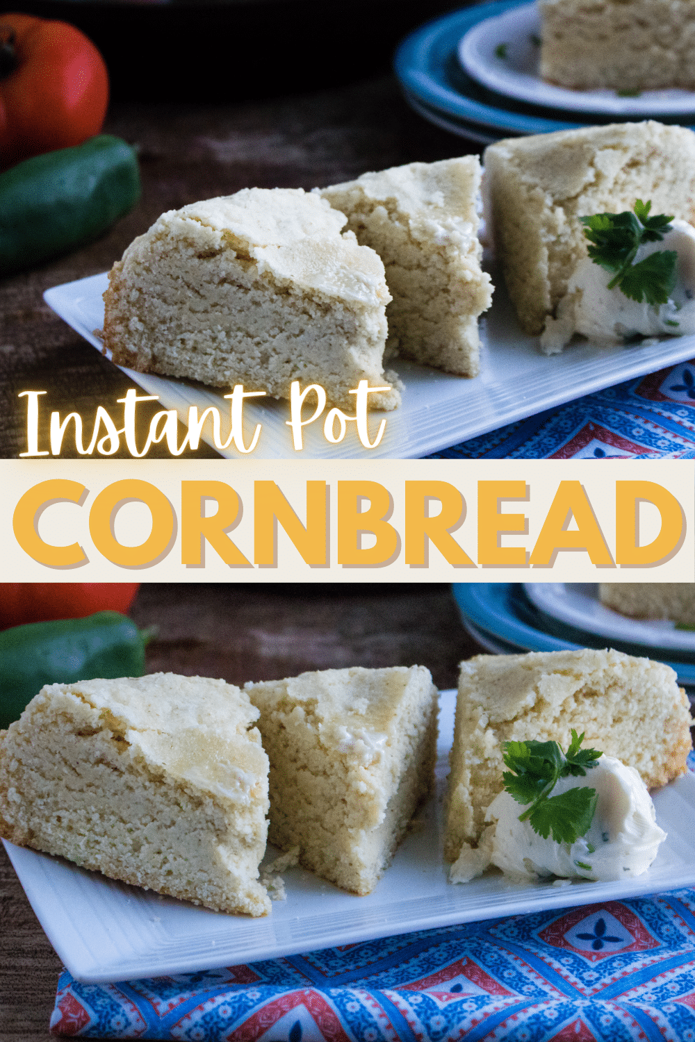 a collage of 2 images of 3 slices of Instant Pot Cornbread on a white rectangle plate with another slice of cornbread and an instant pot in the background with title text reading Instant Pot Cornbread