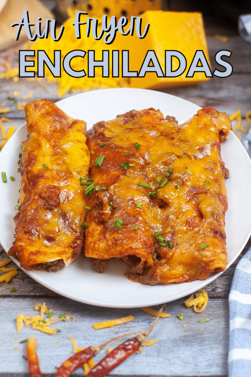 Air Fryer Enchiladas are a quick and easy way to get your Mexican food fix! They're filled with a ground beef mixture and topped with cheese. #airfryer #enchiladas #groundbeef #mexicanfood via @wondermomwannab