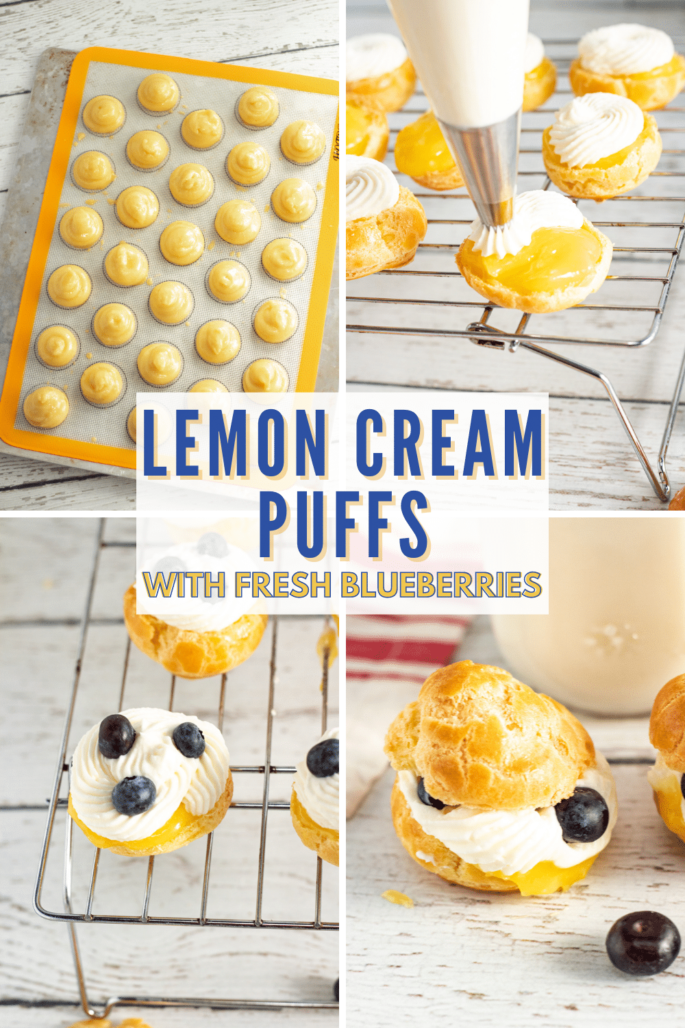 These Lemon Cream Puffs With Fresh Blueberries are light and airy, with a tart and sweet lemon filling and fresh blueberries on top. #lemoncreampuffs #blueberries #creampuffs #dessertrecipe via @wondermomwannab