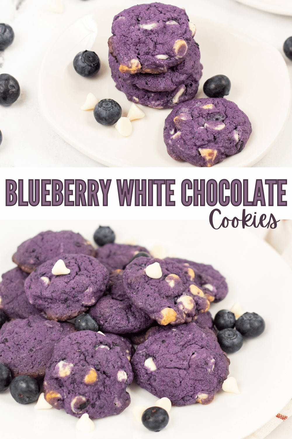 a collage of 2 images of Blueberry White Chocolate Cookies on white plates surrounded by blueberries and white chocolate chips with title text in between reading Blueberry White Chocolate Cookies