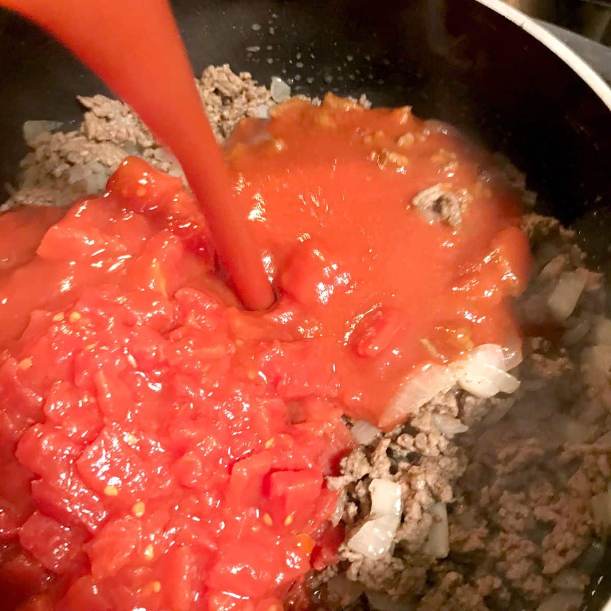 Ground beef, onions, tomatoes and tomato sauce in a large skillet