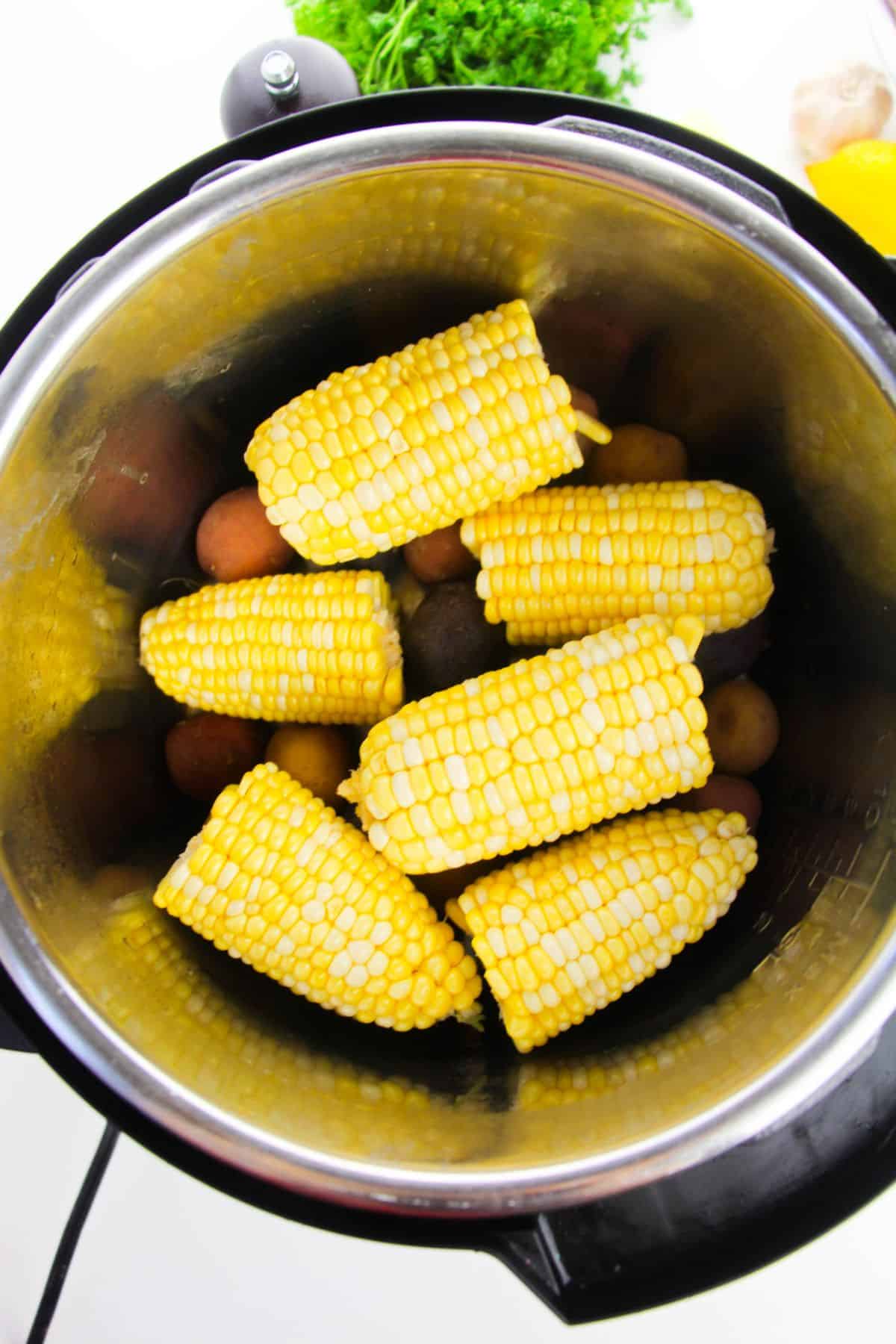 Corn and baby potatoes inside the Instant Pot