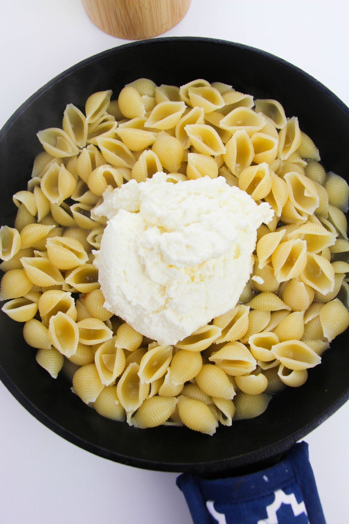  pasta and ricotta in a skillet