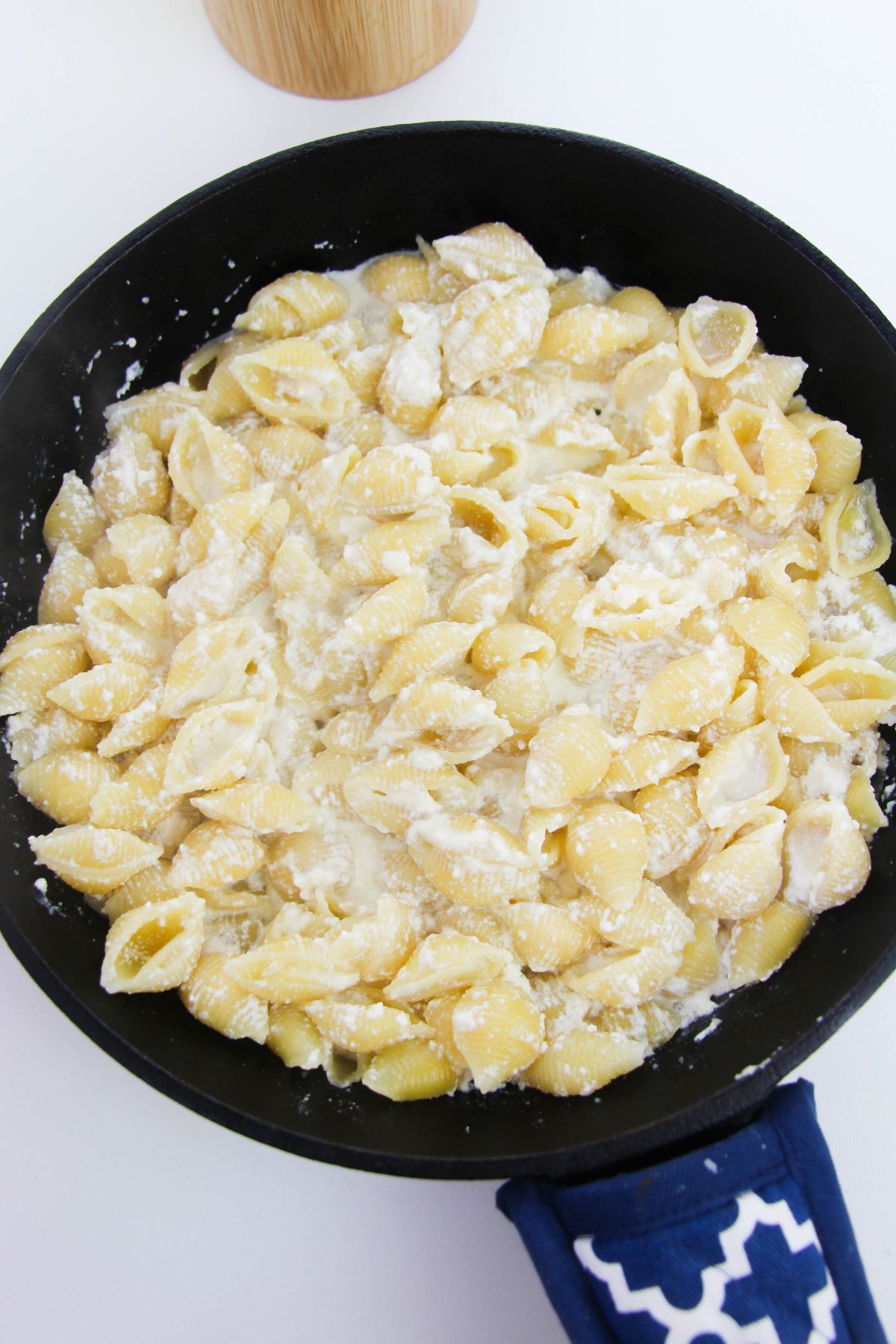 pasta and ricotta in a skillet