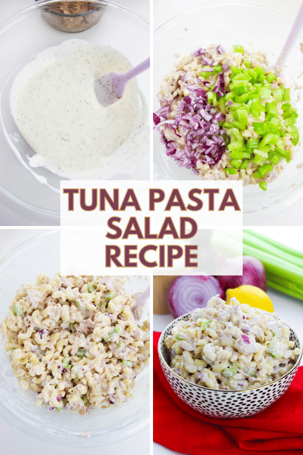 This Tuna Pasta Salad recipe is a creamy, mayo-based pasta salad, loaded with flavor. It’s the perfect potluck dish, or easy lunch for work. #tunapastasaladrecipe #pastasalad #tuna #recipe #salad via @wondermomwannab