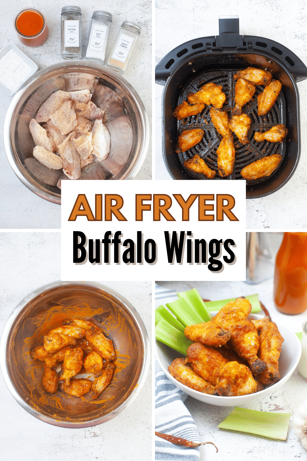 These Air Fryer Buffalo Wings are crispy, juicy, and full of flavor! They are the perfect appetizer or main dish for any party. #airfryerbuffalowings #airfryer #buffalowings #appetizer #recipe via @wondermomwannab