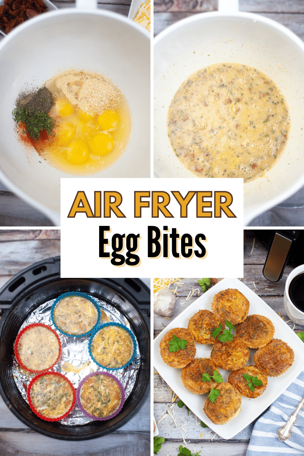 Air Fryer Egg Bites are a quick and easy breakfast that can be made ahead of time and reheated on busy mornings. They're packed with flavor! #airfryereggbites #airfryer #eggbites #breakfast #recipe via @wondermomwannab