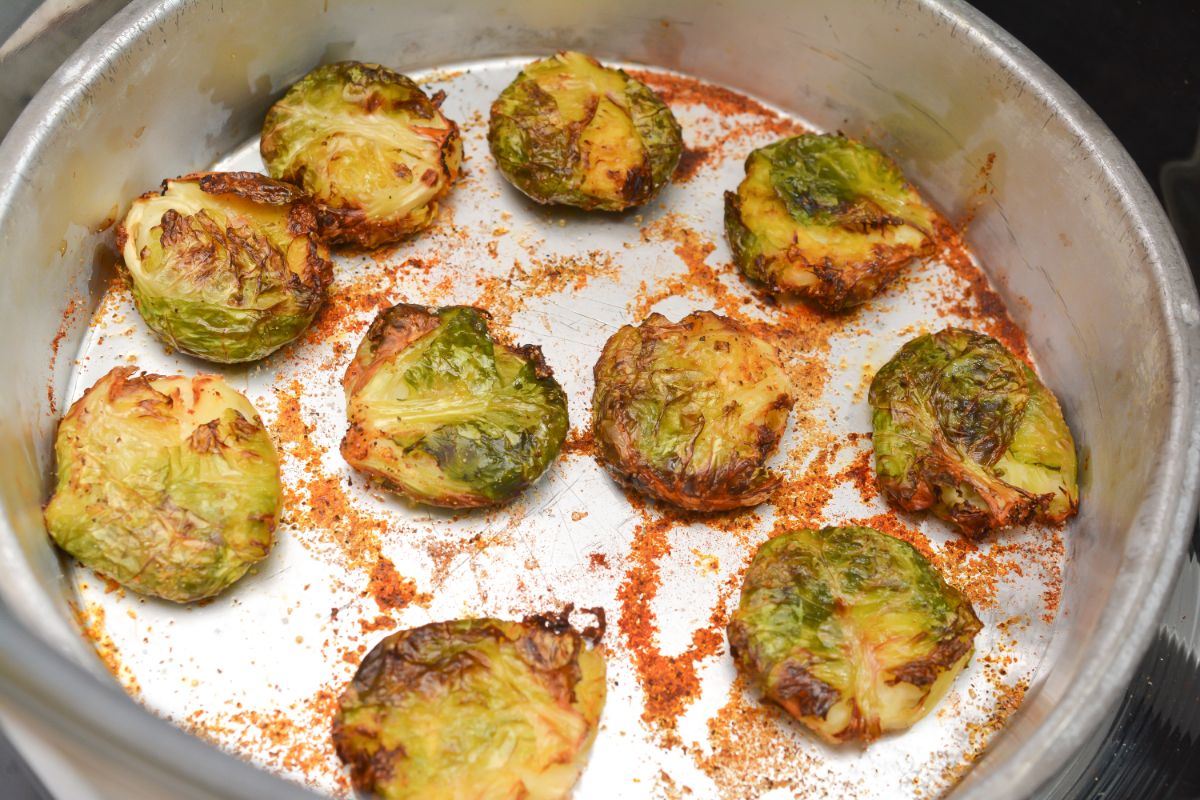 Air Fryer Keto Brussel Sprouts in a pan