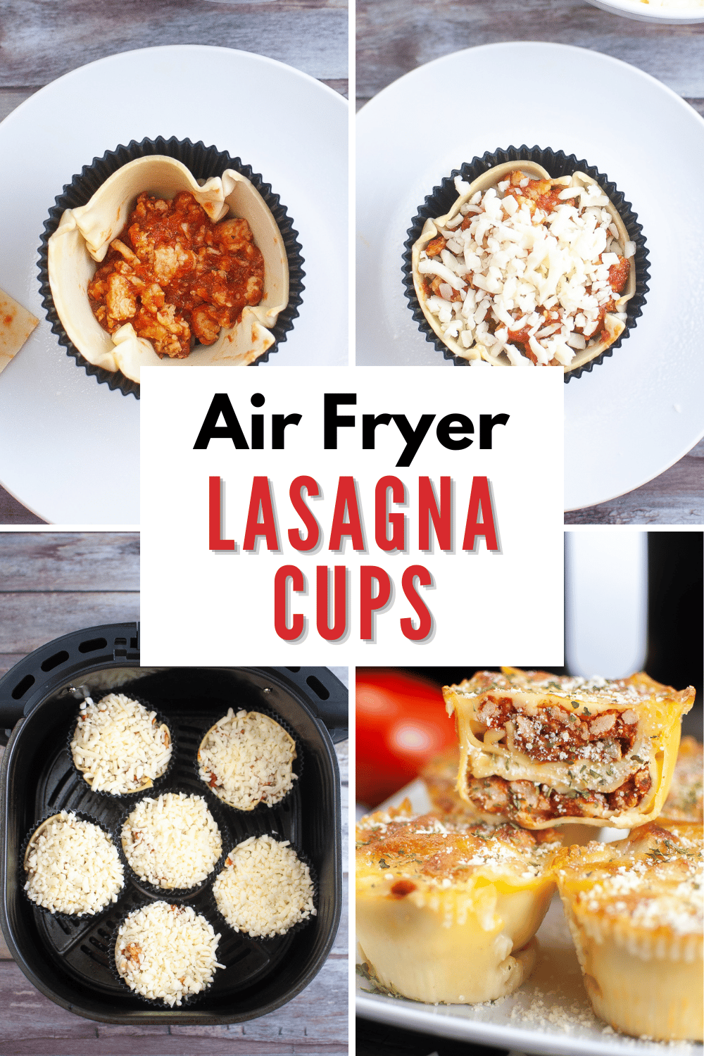 Air Fryer Lasagna Cups are the perfect portioned size for a quick and easy weeknight meal. They are cheesy, saucy, and full of flavor! #airfryerlasagna #airfryer #lasagna #dinner #recipe via @wondermomwannab