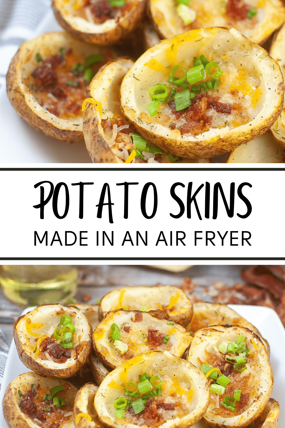 These Air Fryer Potato Skins are crispy, flavorful and so much healthier than the restaurant version! They’re the perfect appetizer. #airfryerpotatoskins #airfryer #potatoskins #appetizer #recipe via @wondermomwannab