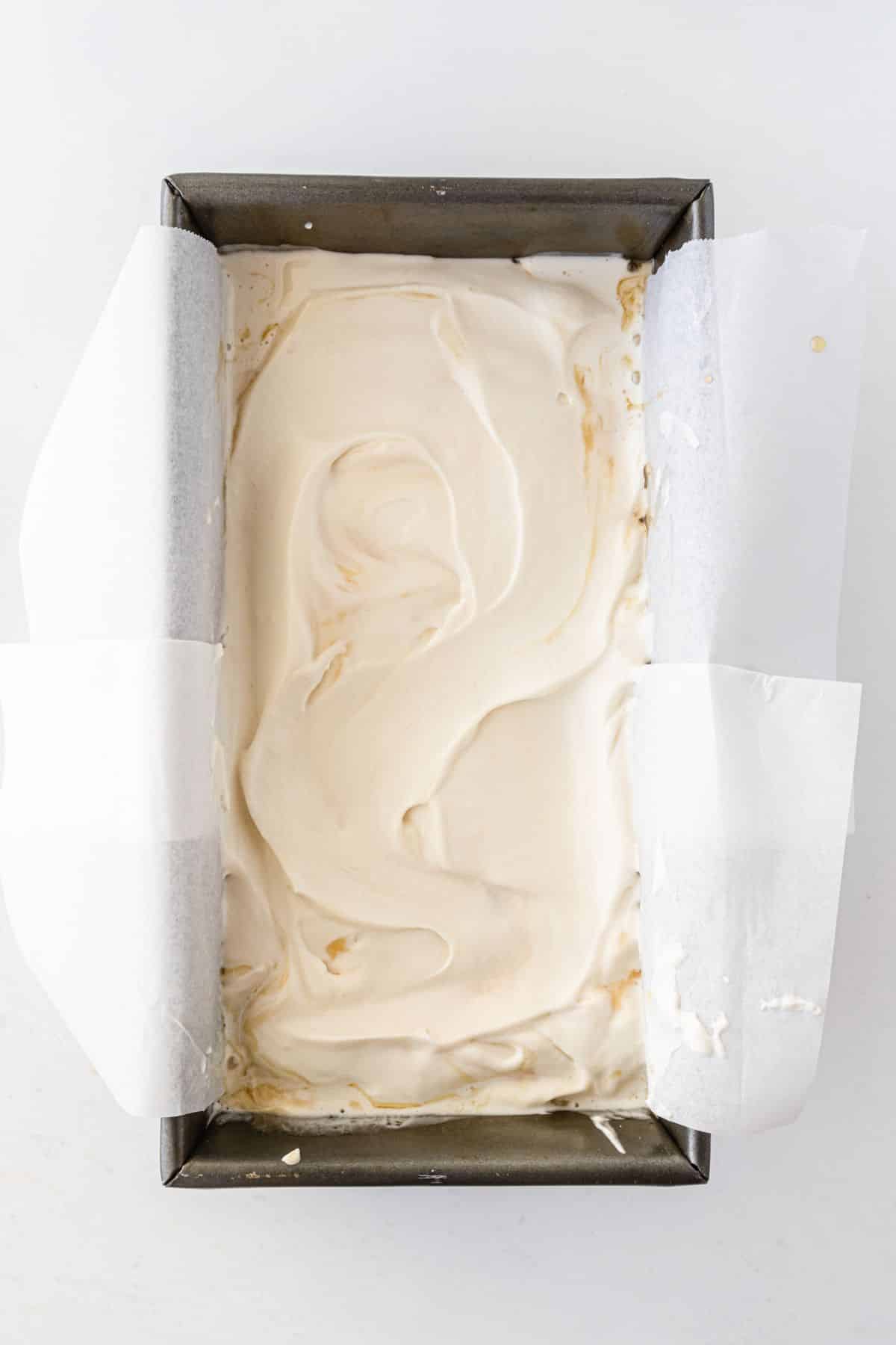 ice cream and parchment paper in a loaf pan