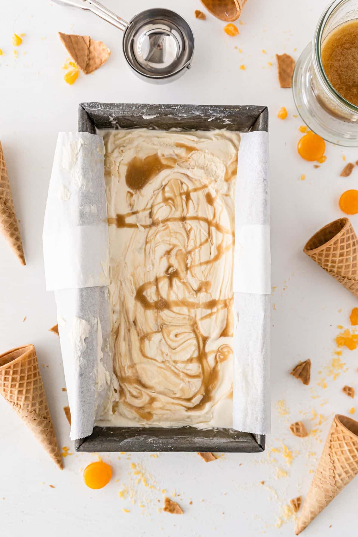  the butterscotch swirled  into the ice cream 