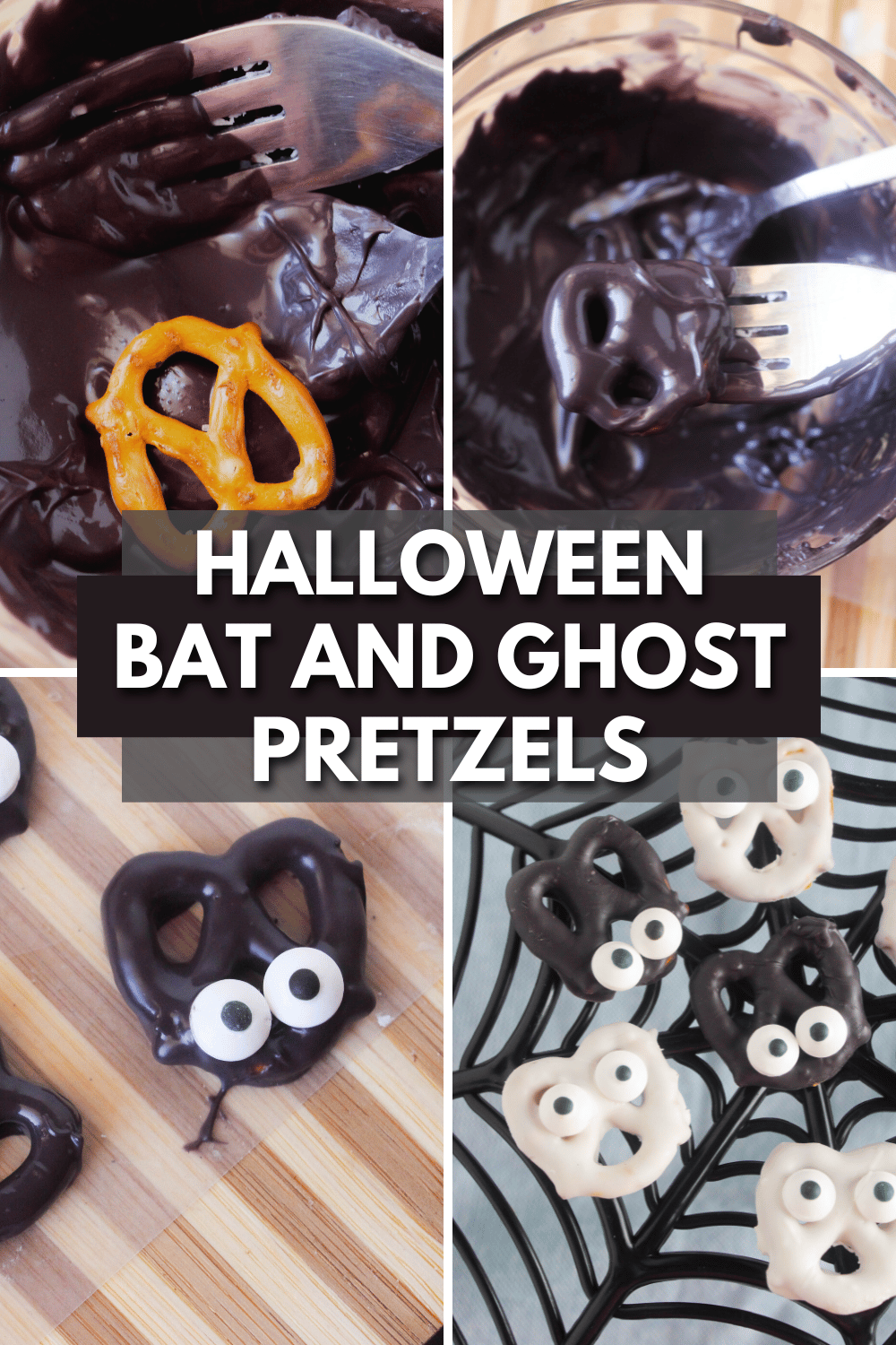 These Halloween Bat and Ghost Pretzels are so easy and fun to make! This is a tasty snack that your kids will love. #ghostpretzels #halloween #halloweensnack #batpretzels via @wondermomwannab