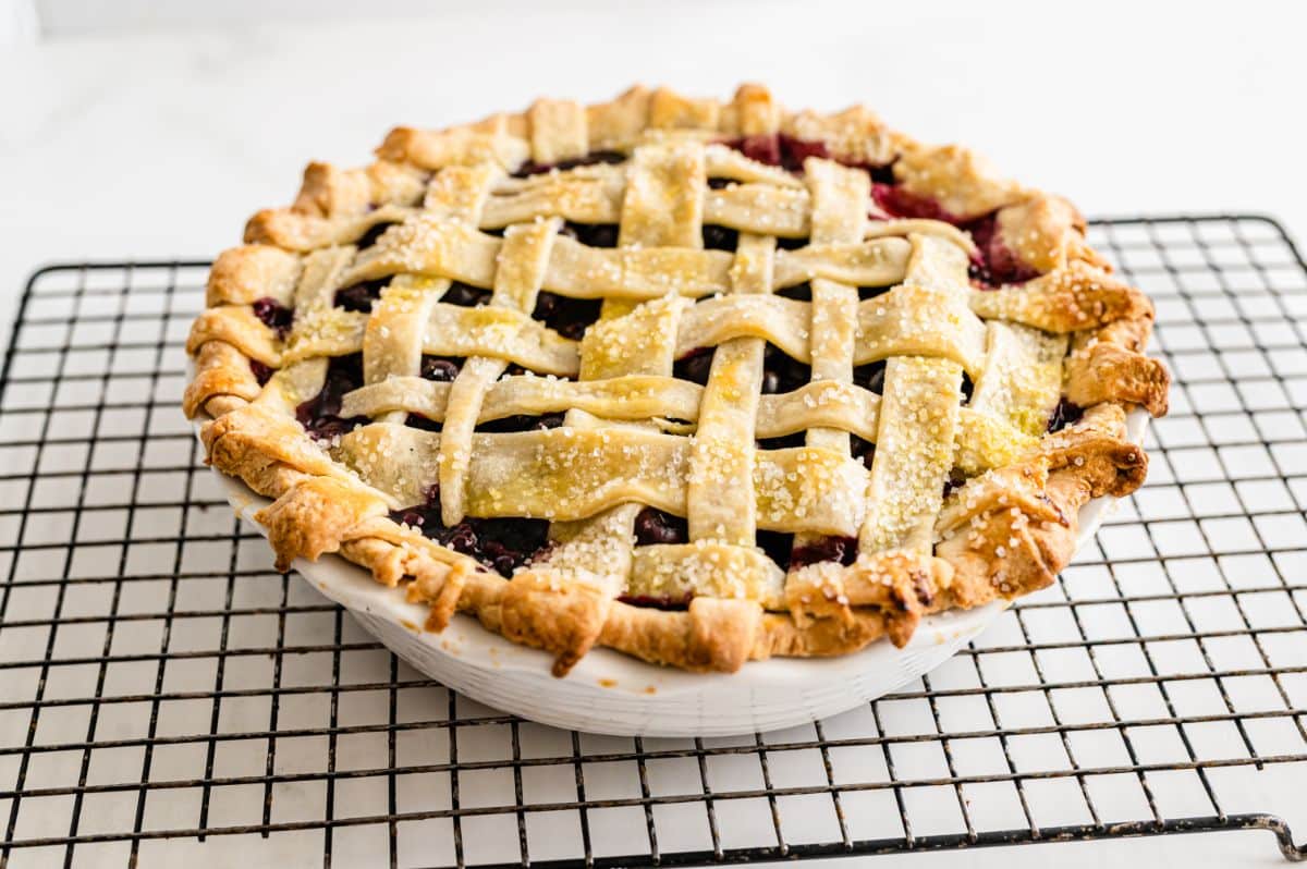 Fresh Blueberry Pie on a wire cooling rack