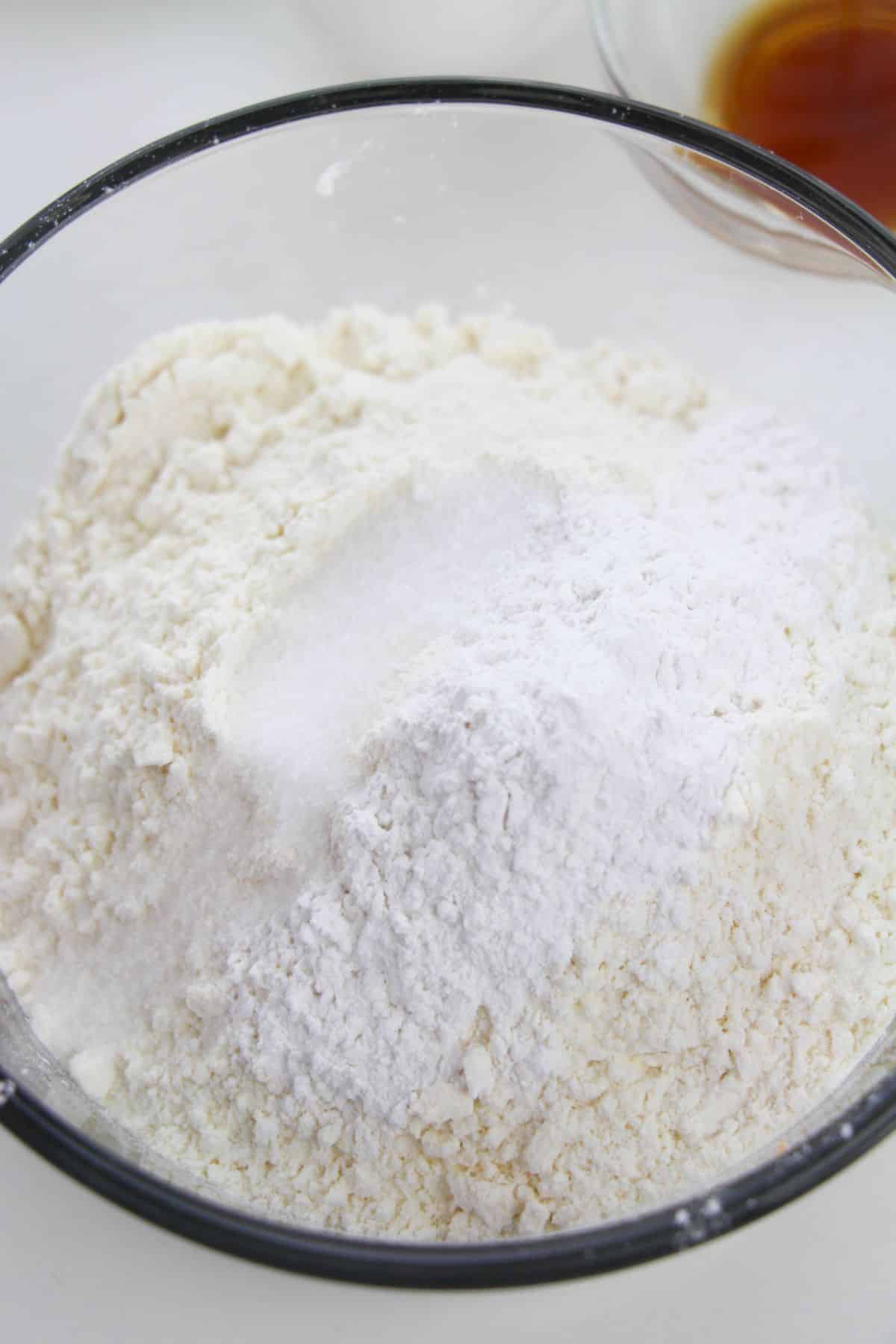 Flour, baking powder and salt in a small glass bowl
